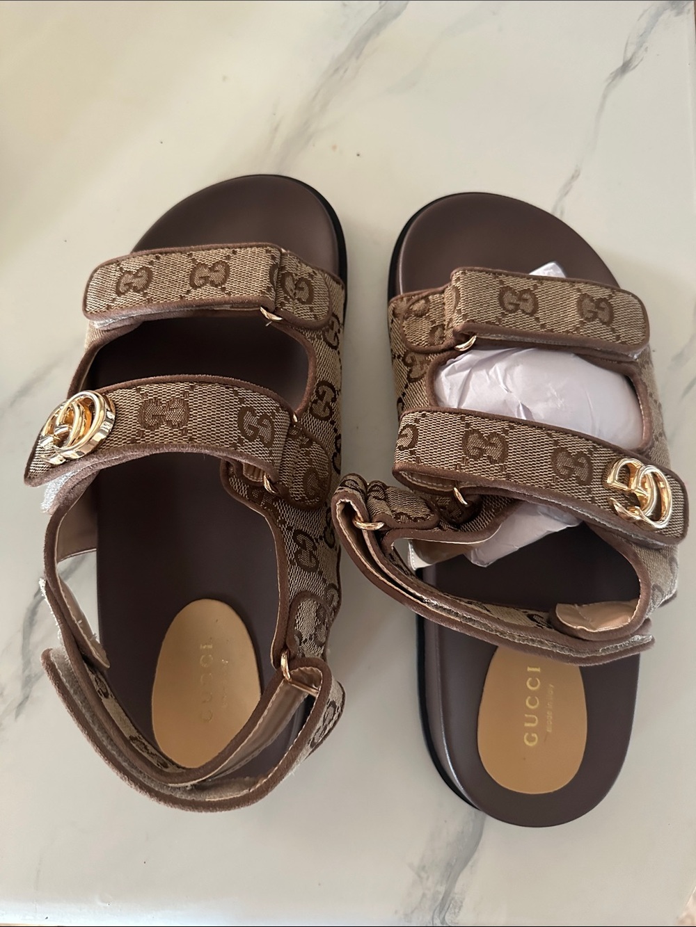 Brown GG Monogram Adjustable Sandals with Gold Hardware size 11